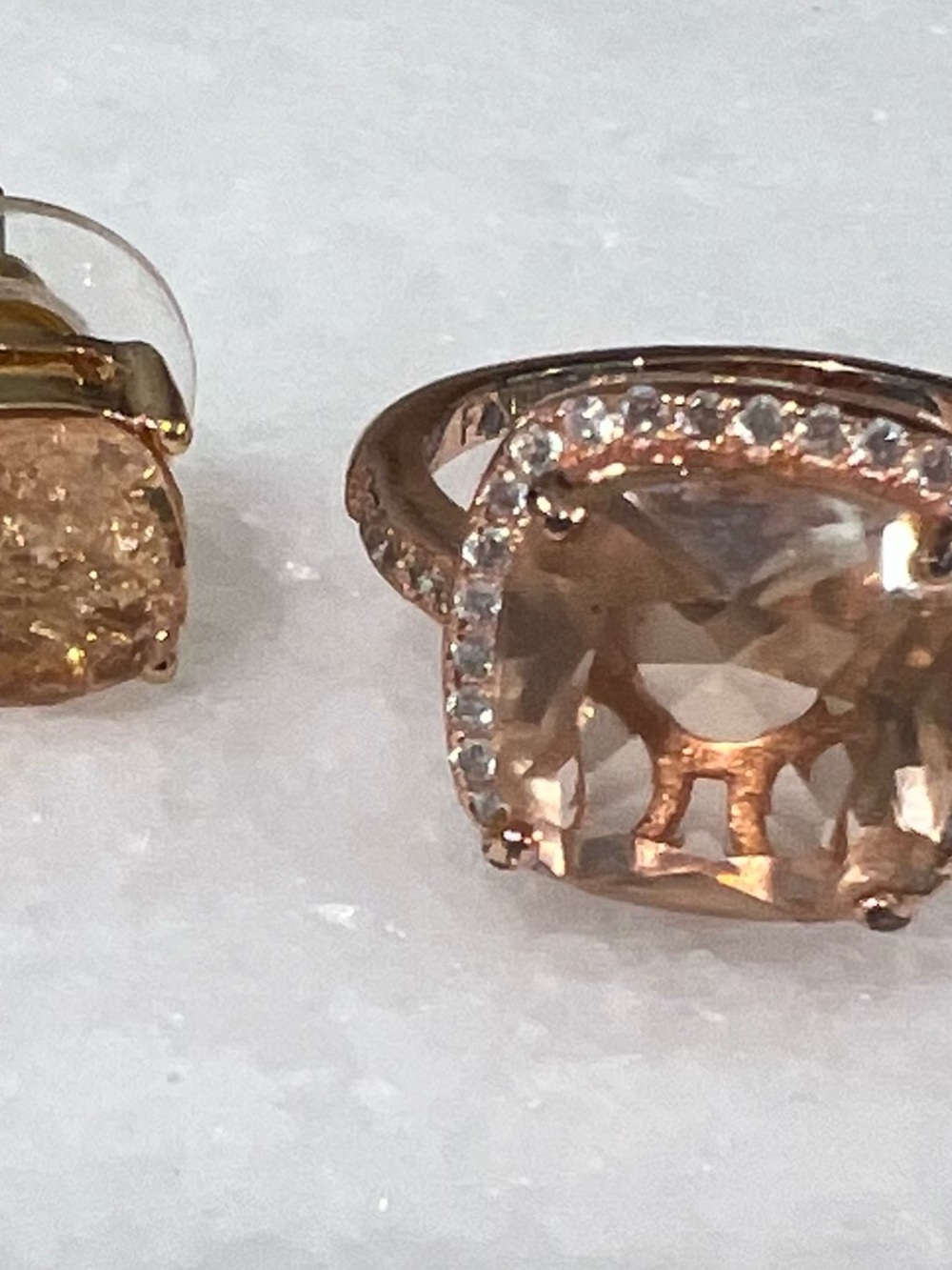 Rose Gold Cushion-Cut Pink Gem Halo Ring and earrings studs set